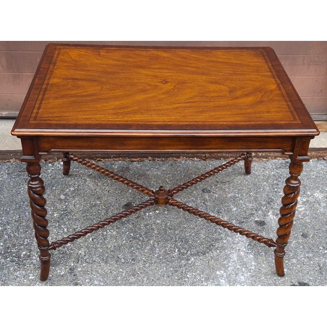 Manufacturer Maitland-Smith Banded Mahogany Barley Twist Leg Side Table. 32" wide, 24" in depth and 22" in height.