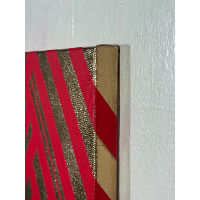 Abstract Geometric Mid-Century Modern Op Art Painting on Canvas “Gold Royal Red” For Sale - Image 4 of 6
