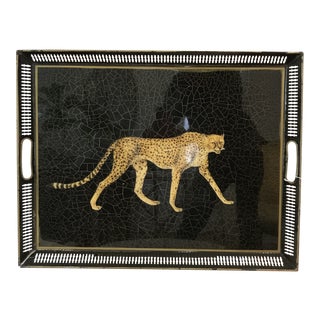 Vintage Art Deco Black Lacquer Serving Tray With Cheetah For Sale