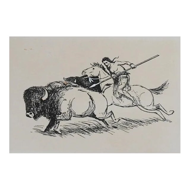 Late 20th Century Native American Buffalo Hunter Illustration Drawing For Sale