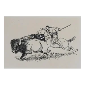 Late 20th Century Native American Buffalo Hunter Illustration Drawing