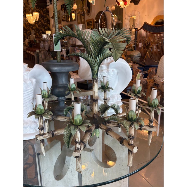 Vintage Tole Metal Palm Beach Tree Leaf Leaves 8 Light Chandelier For Sale - Image 10 of 17