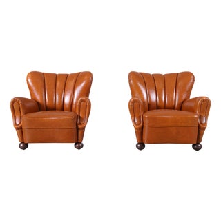 Scandinavian Art Deco Club Lounge Chairs in Cognac Leather, 1940s For Sale