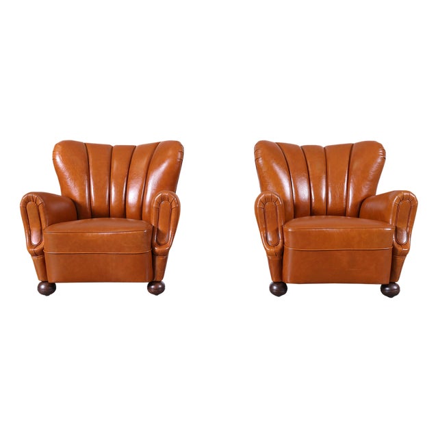 Scandinavian Art Deco Club Lounge Chairs in Cognac Leather, 1940s For Sale
