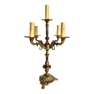 Antique 5 Bulb Candelabra Brass Table Lamp For Sale