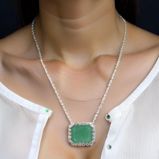 Natural Emerald Diamond Necklace 18" 14k White Gold 2.64 TCW Certified For Sale - Image 9 of 12