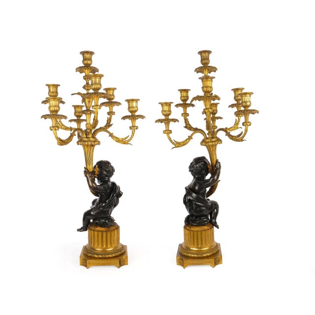 French Pair of French Bronze Seven-Light Candelabra Lamps Ca. 1880 For Sale - Image 3 of 18