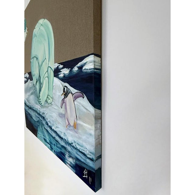 Acrylic painting depicting a polar bear and a puffin represented as inflatable figures situated on a fragmented Arctic ice...