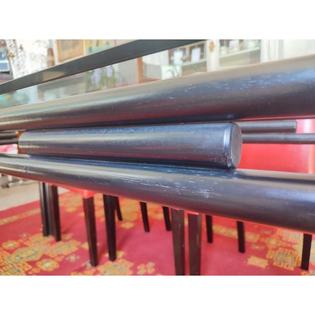 1980s Black Lacquered Bamboo-Style Table with Glass Top and Red Leather Woven Straps, 1980s For Sale - Image 5 of 9