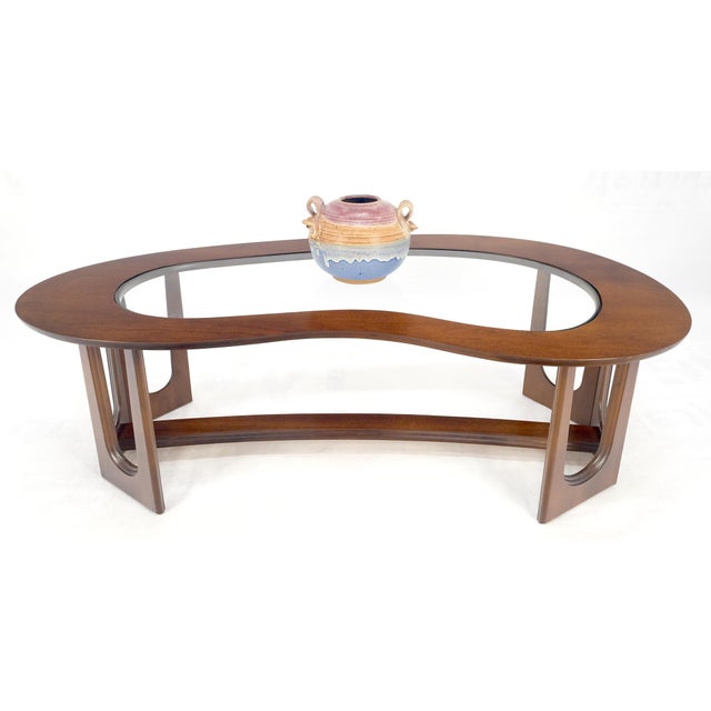 Oiled Walnut Boomerang Kidney Shape Glass Top Stretcher Base Coffee Table Mint! For Sale - Image 15 of 15
