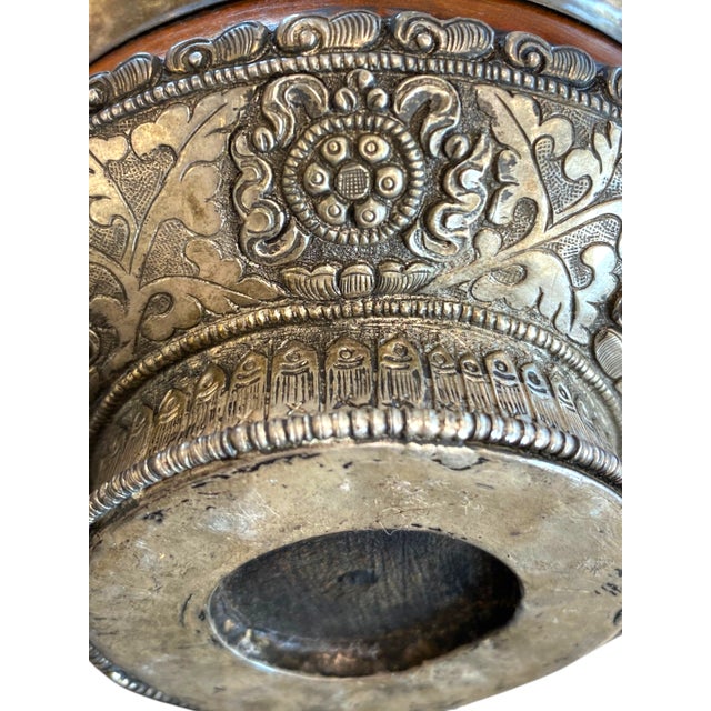 Antique Tibetan Silver & Wood Jha Pho Tsampa Bowl – Buddhist Auspicious Decor For Sale - Image 11 of 15