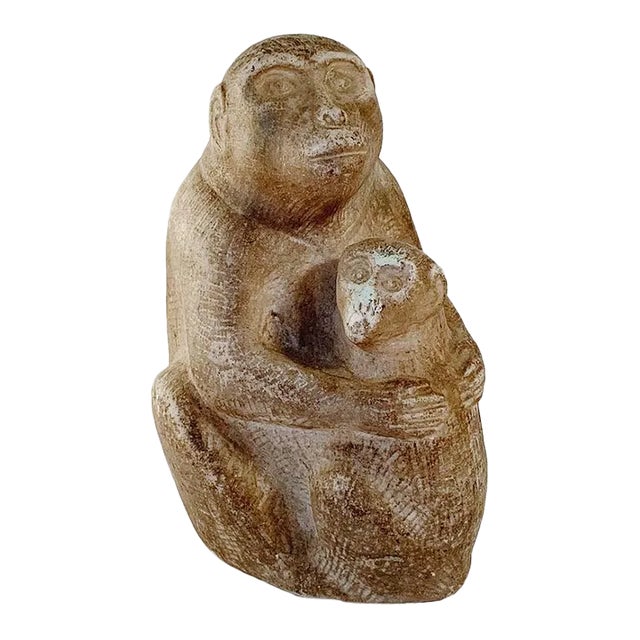 Antique Chinese Ming Dynasty Carved Stone Monkey Depicting Mother and Child For Sale