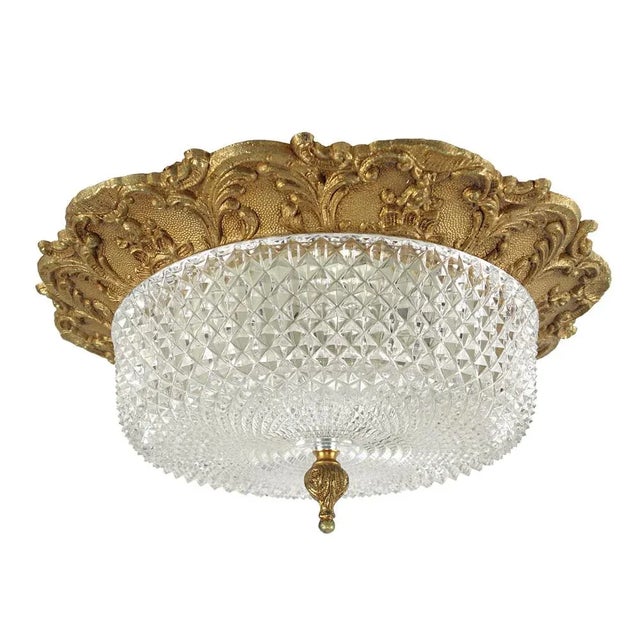 Heavy Brass and Faceted Cut Glass Flush Mount with French Lily Motif For Sale - Image 10 of 10