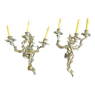 French 19th Century Solid Bronze Sconces With Three Lights Each - a Pair For Sale