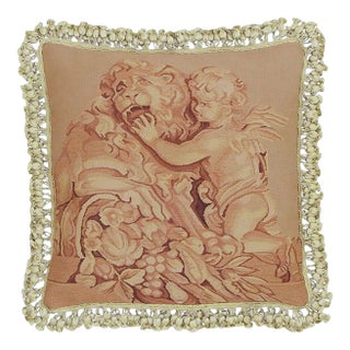 Aubusson Square Lion & Cherub Throw Pillow For Sale