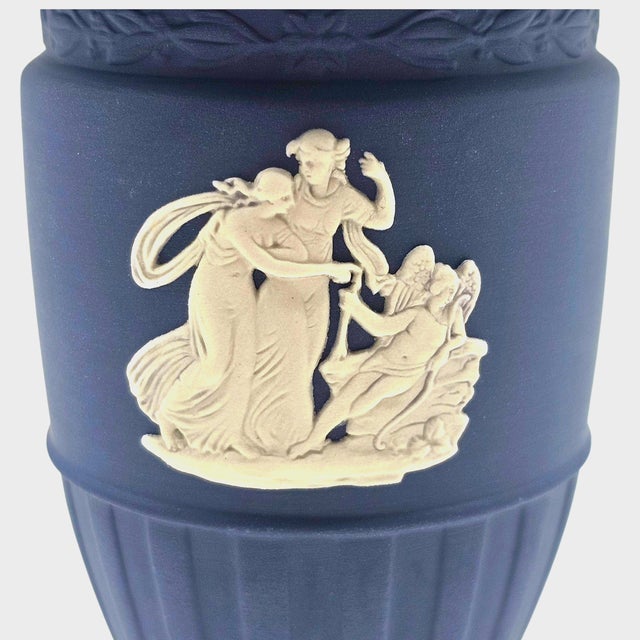 Wedgwood Jasperware Neoclassical Dark Blue Urn Vase With Relief Figures, England For Sale In San Francisco - Image 6 of 10