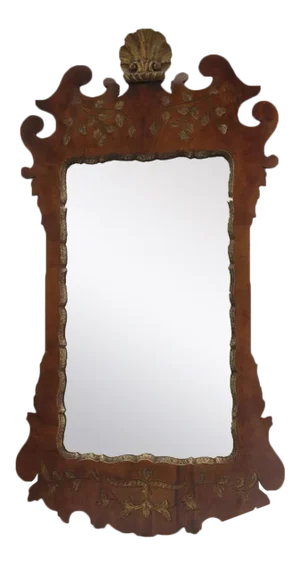 Queen Anne Style Walnut Gilt Mirror Shell Finial