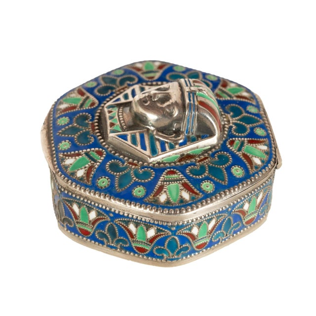 Antique Art Deco King Tut Egyptian Revival Silver Gilt Enamel Cloisonne Box 1925 For Sale - Image 9 of 14