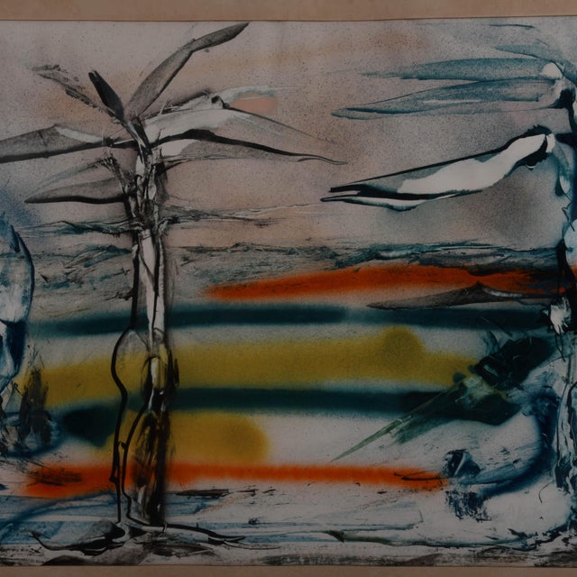 This captivating abstract work, Framed Signed J. Akston "Lethal Danger, 1973" Oil and Paper Painting, draws the viewer in...