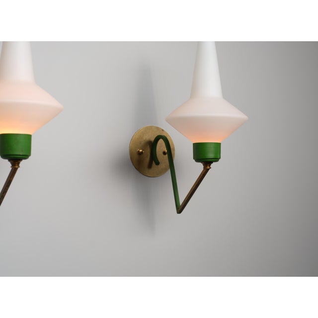 Gold Large Italian Brass and Green‑Lacquered Wall Lamps with Opaline Glass Shades, 1950s, Set of 2 For Sale - Image 8 of 12