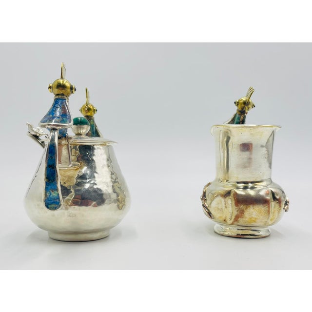 1960s Los Castillo Taxco Bird of Paradise Creamer & Sugar W Malachite Lapis - a Pair For Sale - Image 11 of 18