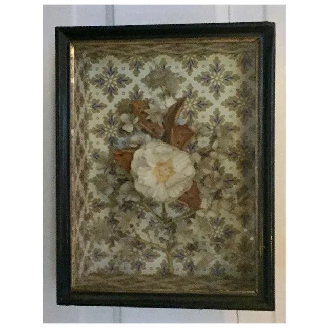 Antique 19th Century French Victorian Wall Paper Shadow Box With Fancy Work Dimensional Flower For Sale - Image 9 of 12