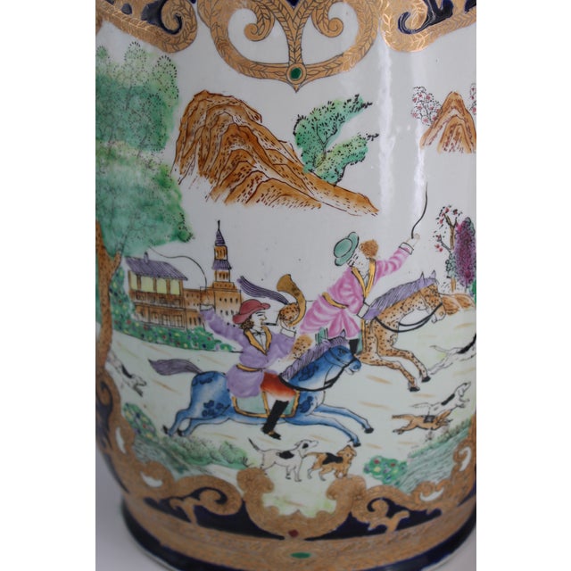 Mid 20th Century Pair Large 18" Chinese Porcelain Vases Cobalt Blue Gold Hunt Scene Chinoiserie For Sale - Image 18 of 18