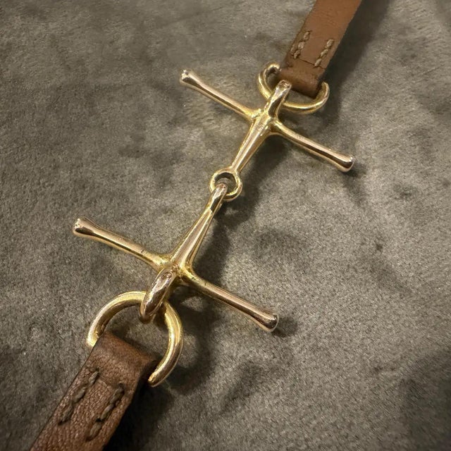 Contemporary A Vintage Hermes Brown Leather and Gold Plated Equestrian Bracelet For Sale - Image 3 of 12