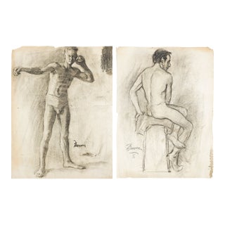 Academic Male Figure Study and Seated Male Nude - Brown C. 1915 For Sale