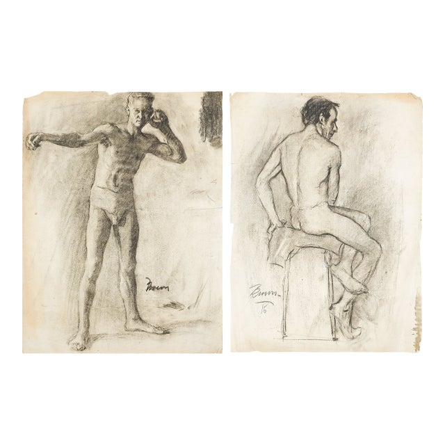 Academic Male Figure Study and Seated Male Nude - Brown C. 1915 For Sale