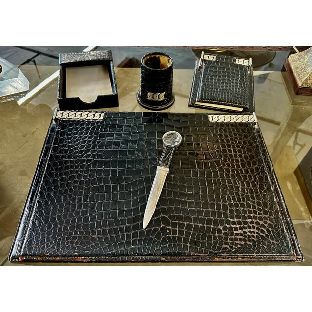 A fabulous and rare Gucci 5 piece desk set in either Alligator or Crocodile real leather or embossed leather. Likely from...