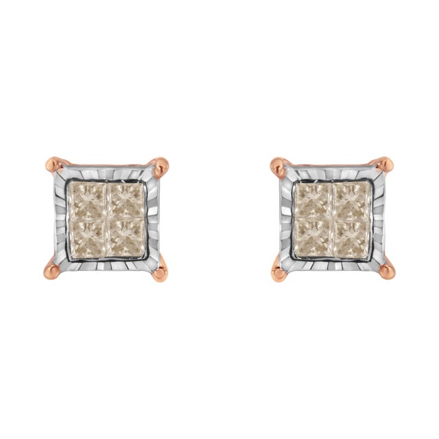 Contemporary 10K Two-Toned Princess-Cut Composite Diamond Stud Earrings (1/2 cttw, J-K Color, I1-I2 Clarity) For Sale - Image 3 of 6