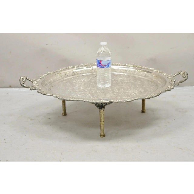 Large Vintage Victorian Style Oval Silver Plated Serving Platter Tray Raised on Feet. Item features removable tapered...