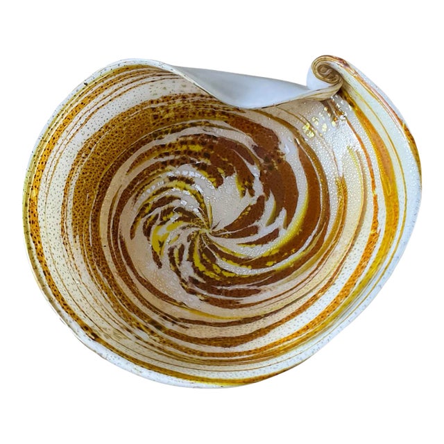 Vintage Mid-Century Modern 1960s Murano Gold Flecked Hand Blown Swirl Art Glass Bowl Ashtray Large Twisted For Sale
