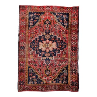Vintage Persian Malayer Area Rug, Hand-Knotted Wool, Geometric Tribal Pattern, 4x6, Red & Blue For Sale
