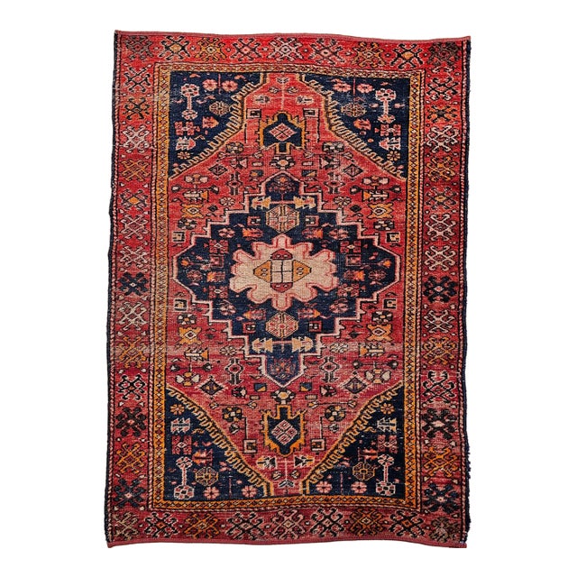 Vintage Persian Malayer Area Rug, Hand-Knotted Wool, Geometric Tribal Pattern, 4x6, Red & Blue For Sale