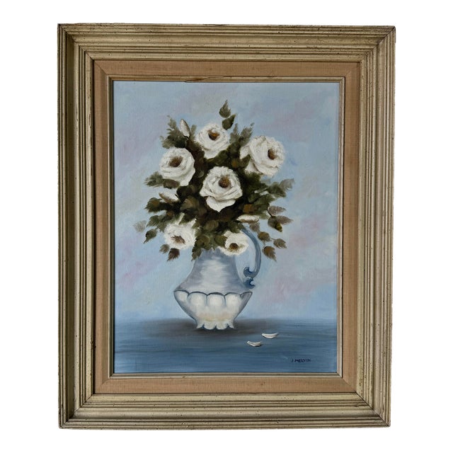 Vintage J. Melvin Still Life of White Roses in a Vase Oil Painting, Framed For Sale