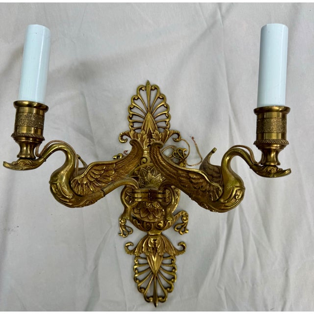 Brass Vintage Pair of Brass Empire Revival Double Swan Electric Light Wall Sconces For Sale - Image 8 of 9