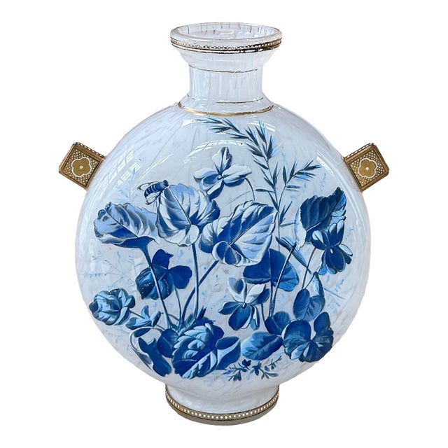 Pilgrim Vase, Blue & White Botanical Enamel, Circa 1890 For Sale