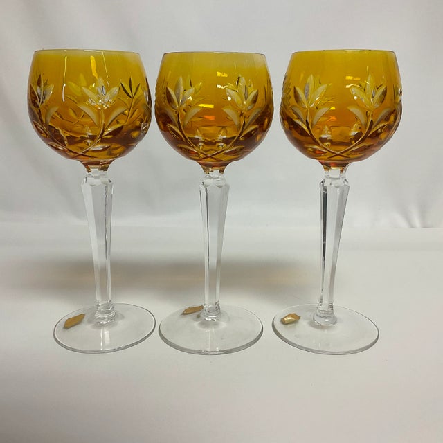 Amber Mid-Century Hollywood Regency German Amber Hand Cut Crystal Wine Glasses - Set of 8. For Sale - Image 8 of 12