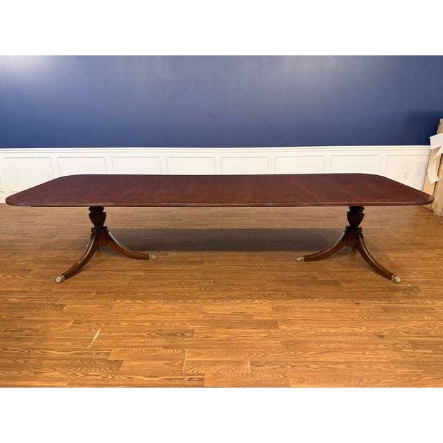 Traditional Banded Double Pedestal Mahogany Dining Table by Leighton Hall - Showroom Sample For Sale - Image 10 of 18