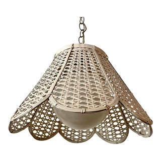 Vintage Boho White Wicker and Cane Flower-Shaped Pendant Light For Sale