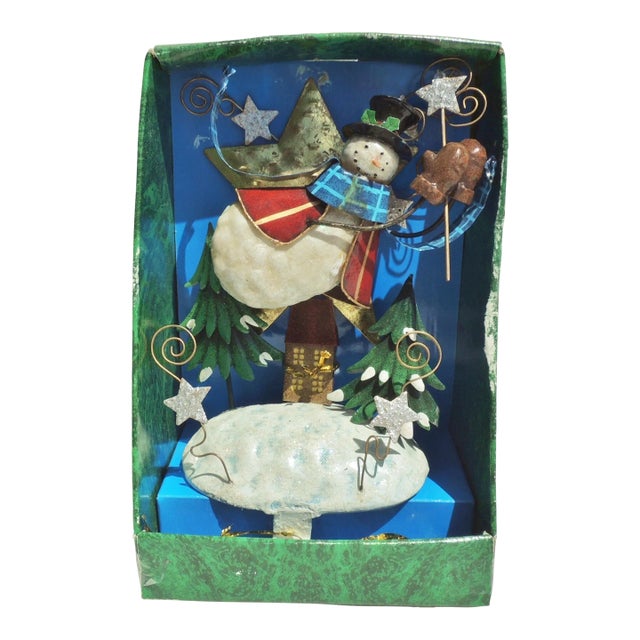 Large Decorative Metal Tin Snowman Christmas Stocking Holder For Sale