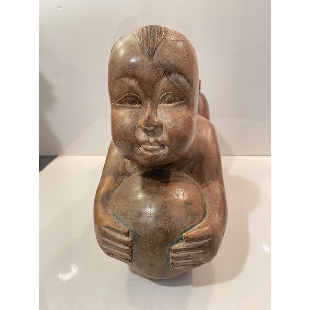 Antique Chinese Opium Pillow (Wooden Statue of Baby Buddha), Imperfect Wood For Sale - Image 4 of 12