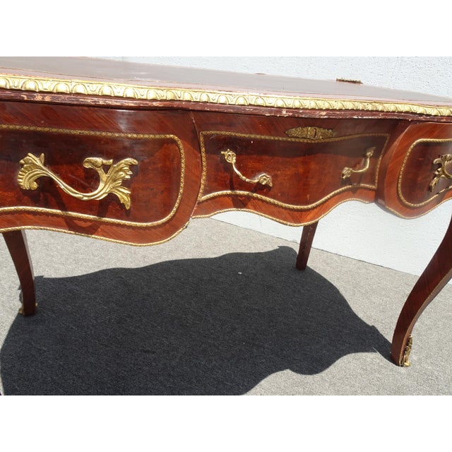 Wood Vintage French Louis XV Bureau Plat Writing Desk Ornate Brass Ormolu Leather Top For Sale - Image 7 of 16