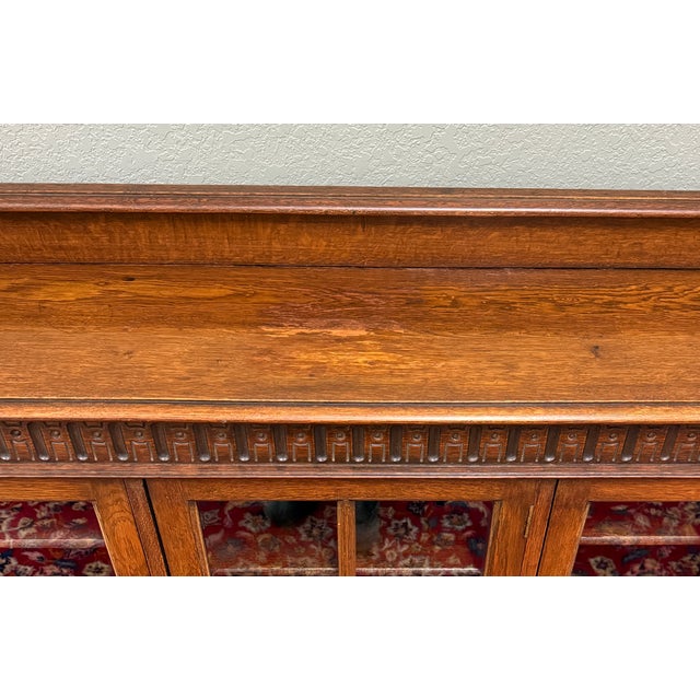 Antique English Jacobean Bookcase Bookshelf Cabinet Triple Glass Door Oak C1930s For Sale - Image 15 of 18