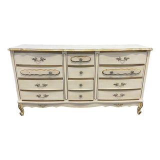 Vintage French Provincial Cream & Gold Triple Dresser | Louis XV Style Bedroom Bureau For Sale