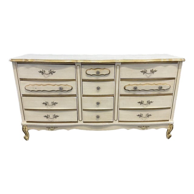 Vintage French Provincial Cream & Gold Triple Dresser | Louis XV Style Bedroom Bureau For Sale