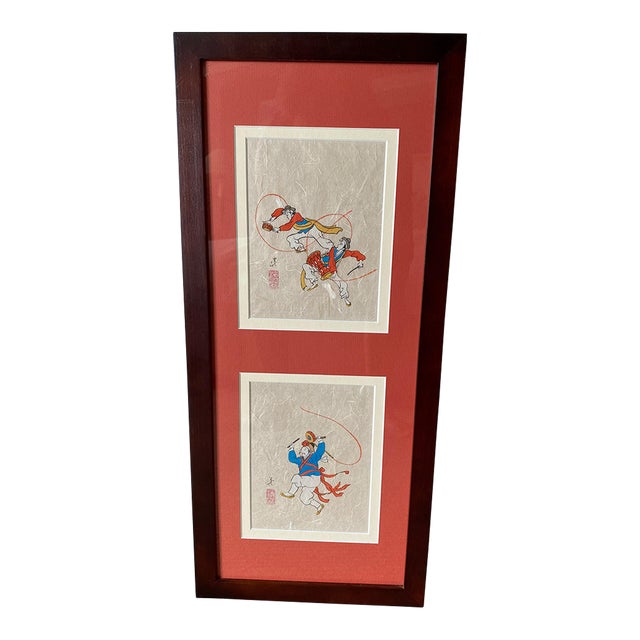 1970s Framed Double Matted Rice Paper Prints of Asian Musicians With Drums Musical Instruments Stamped Signature For Sale