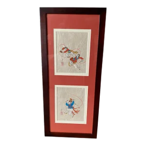1970s Framed Double Matted Rice Paper Prints of Asian Musicians With Drums Musical Instruments Stamped Signature